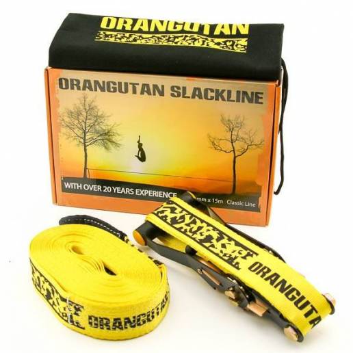 Vaikščiojimo (balansavimo) juosta Orangutan Slackline - 15M - 50MM su medžio apsauga ir treniravimosi juosta nuo Orangutan Balan